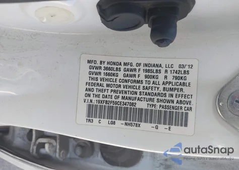 2012 Honda Civic Lx from USA, damaged, VIN 19XFB2F59CE347082